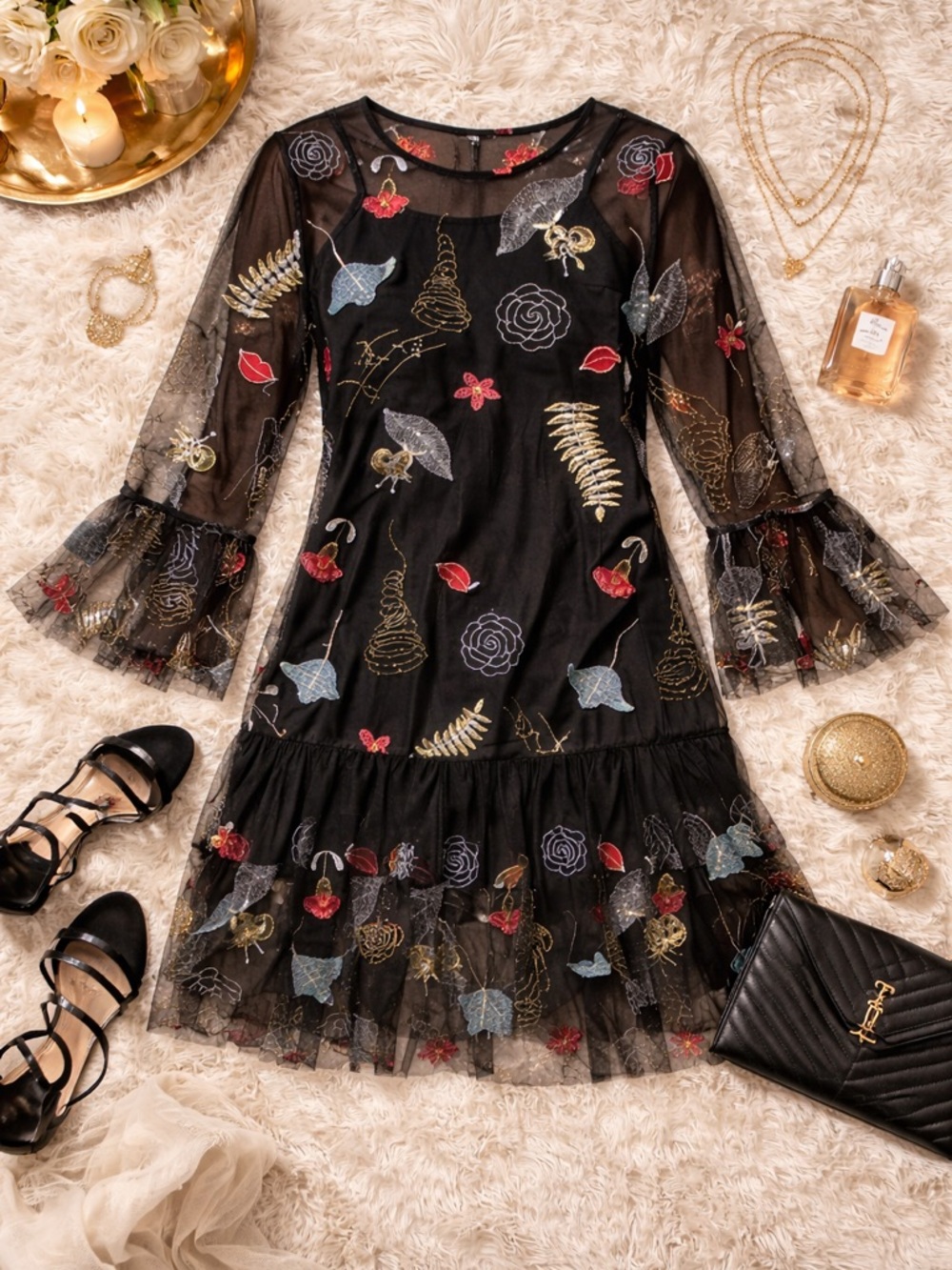 Gracia Black Embroidered Mesh Mini Dress M Floral Sheer Cocktail Party